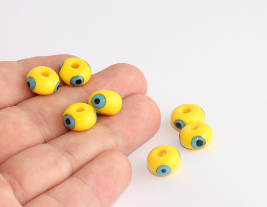 13mm Yellow Evil Eye Beads, Round Rondelle Evil Eye, Beads, SLM956