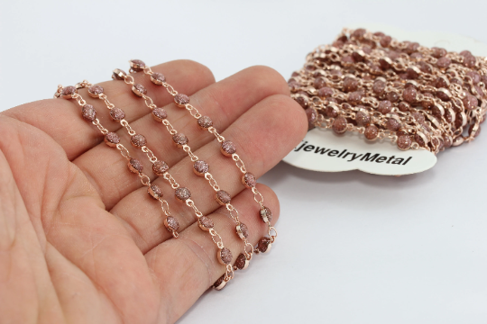 5mm Rose Gold Crystal Chain, Chain With Stone Beads, Rosary Style Bead Chain, Bulk Lot Chain, Rose Gold Plated Chains, FJC, BXB170