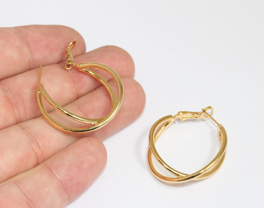 30x35mm 24k Shiny Gold Plated Hoop Earrings, Double Hoop CHK604