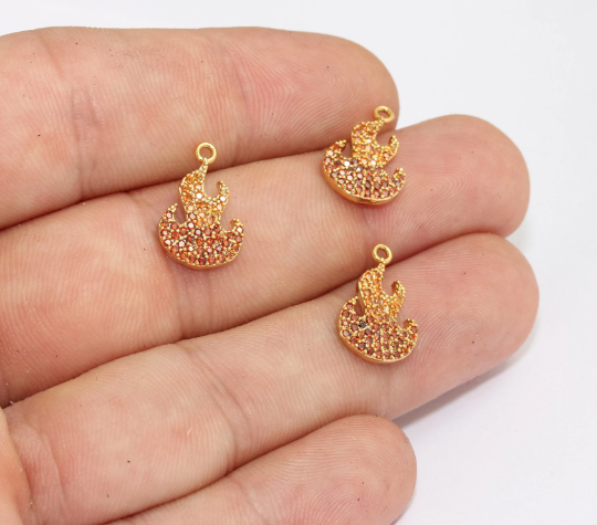 10x17mm 24k Shiny Gold Flame Charms, Gold Micro Pave  MLS267