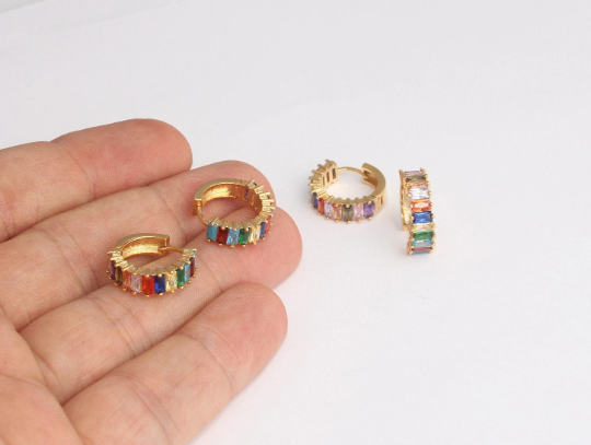 18mm 24k Shiny Gold Rainbow Pave Earrings, Dainty , Gold         BRT871