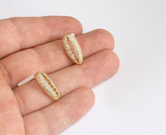 0x21mm 24k Shiny Gold Shell Earrings, CZ Shell, Ear Wire, SLM163