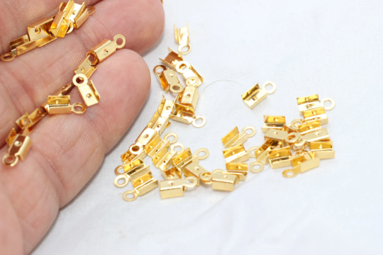 3x8mm 24k Shiny Gold Cord End, Fold Over Crimp Cord End DOM16