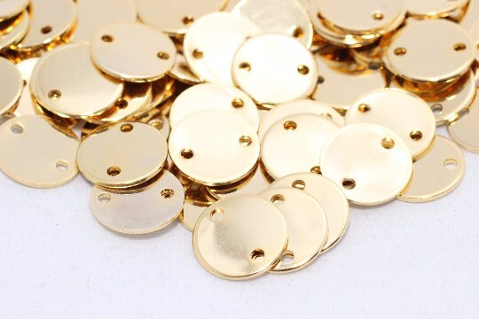 Monete in oro lucido 24k da 12 mm, ciondoli, disco rotondo, due fori DOM44