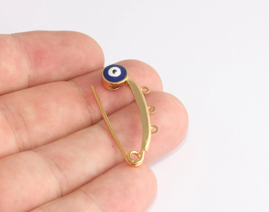 14x35mm 24k Shiny Gold Evil Eye Safety Pin With Loops,  XP432