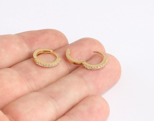 14mm 24k Shiny Gold Hoop Earrings, CZ Huggie Hoops, Micro Pave, Gold Plated Earrings, XP35