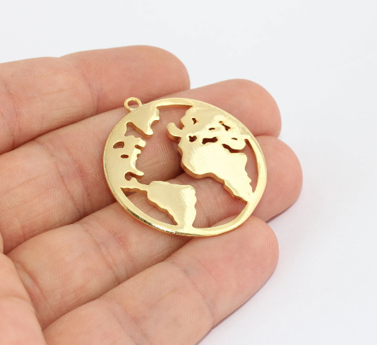 34mm 24k Shiny Gold World Map Pendant, Globe Pendant, MTE521