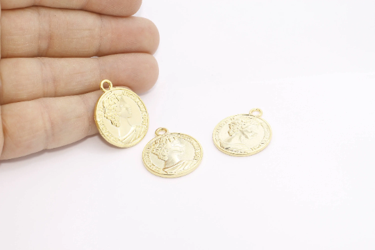23x28mm 24k Shiny Gold Elizabeth Medallion, Coin , FNL76
