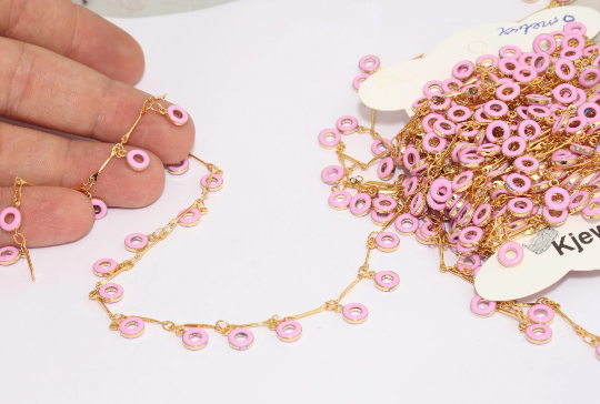 24k Shiny Gold Coin Chain, Disc Coin Chains, Pink Coin, Brass    BXB343