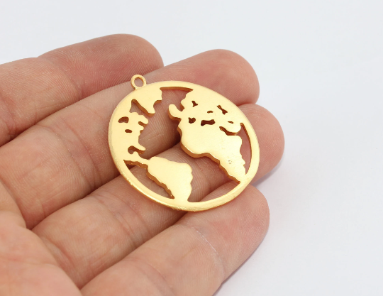 34mm 24k Matt Gold World Map Pendant, Globe Pendant, MTE585