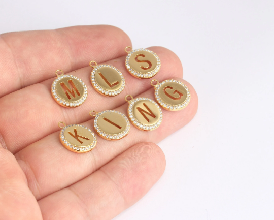 13x16mm 24k Shiny Gold Letter Charms, CZ Coin Letter, Alphabet, Dainty Letters, Gold Plated Findings, HRF68