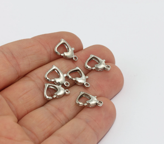 9x12mm Rhodium Plated Lobster Clasps, Claw Clasp, Heart-Shaped Lobster Clasp, Heart Necklace Closures, Silver Plated Jewelry Findings, CLO6
