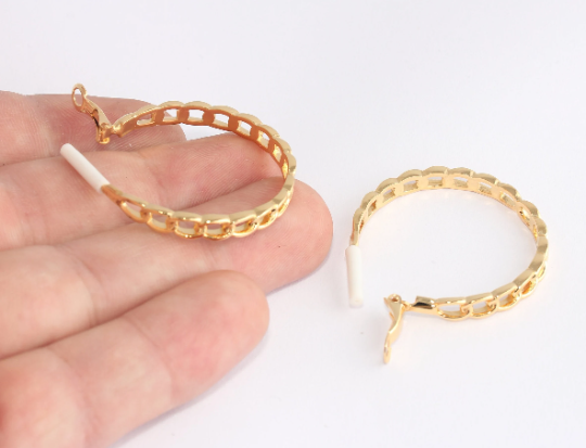 35mm 24k Shiny Gold Hoop Earrings, Chain Shape Hoops,  CHK721-2